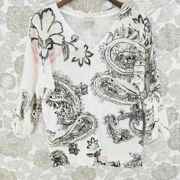 Chico's Paisley Knit Sweater Women's 1/ M V neck Tab sleeve - Picture 1 of 8